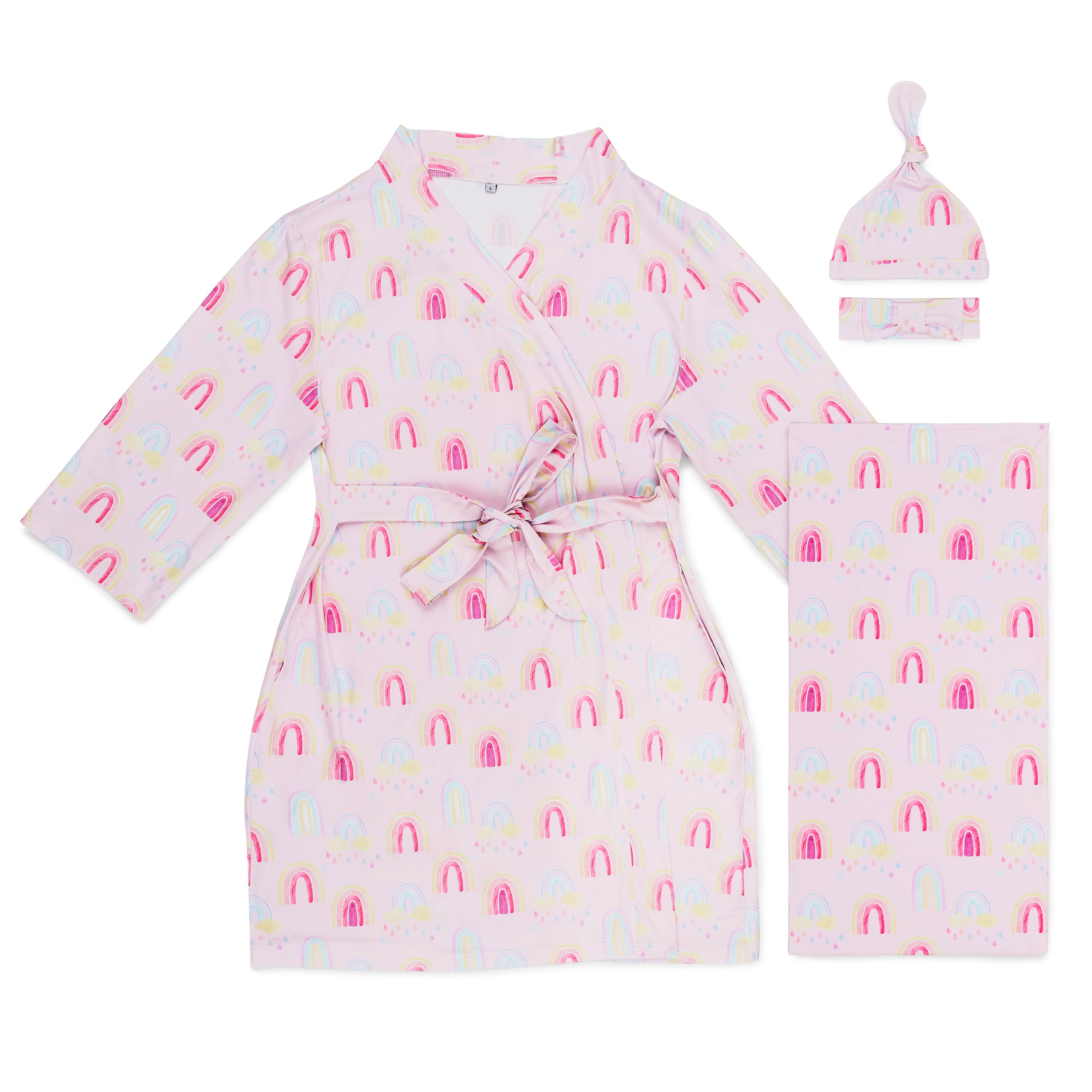 Pink RAINBOW Baby Maternity Robe and Matching Gown Set with Baby
